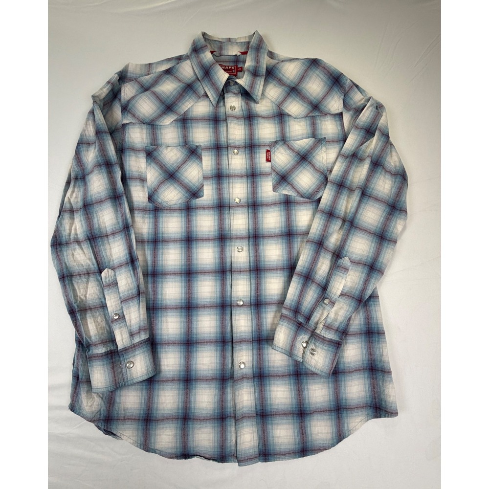 Chaps Denim Mens Large Western Pearl Snap Shirt Blue Plaid Long Sleeve L